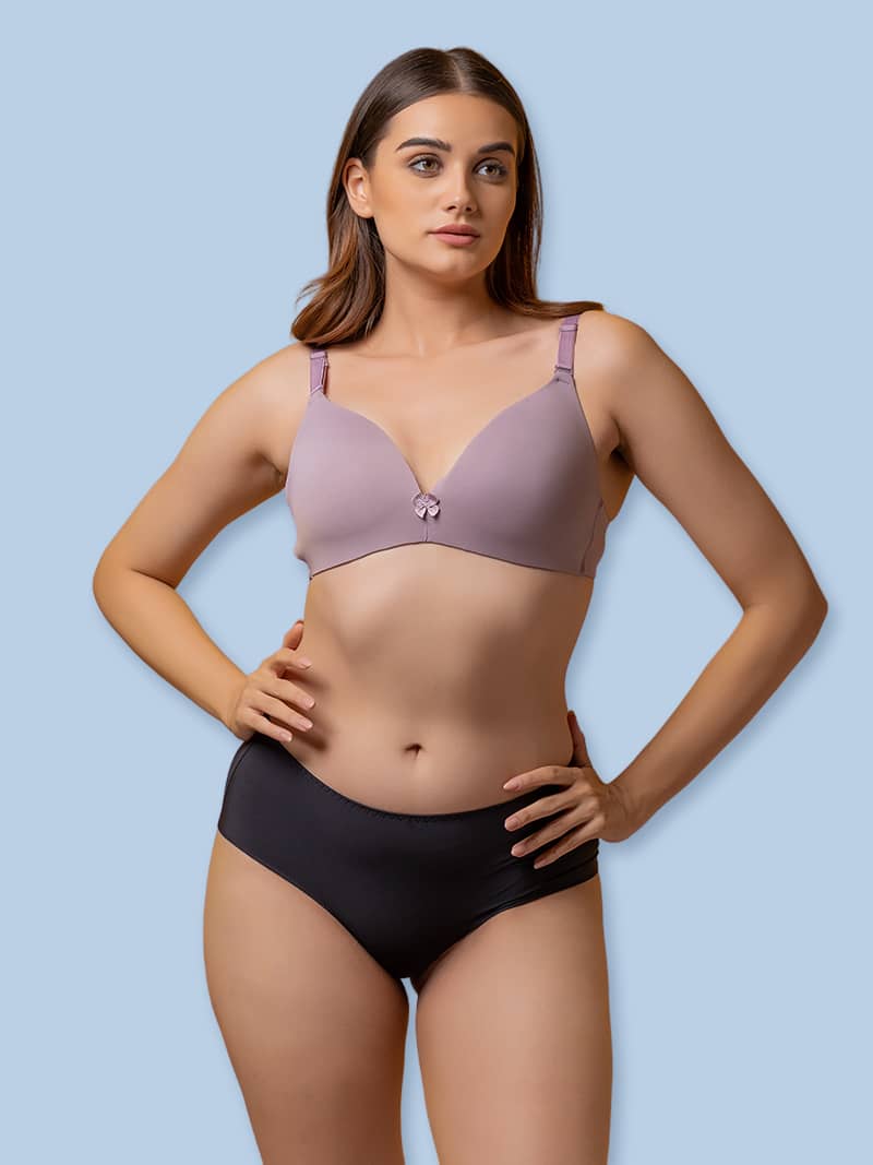 Drop-Dead Soft Lycra Deep Neck Lightly Padded 3/4 Coverage Non- Wire Bra in Mauve  | Bold & Bae Fashion